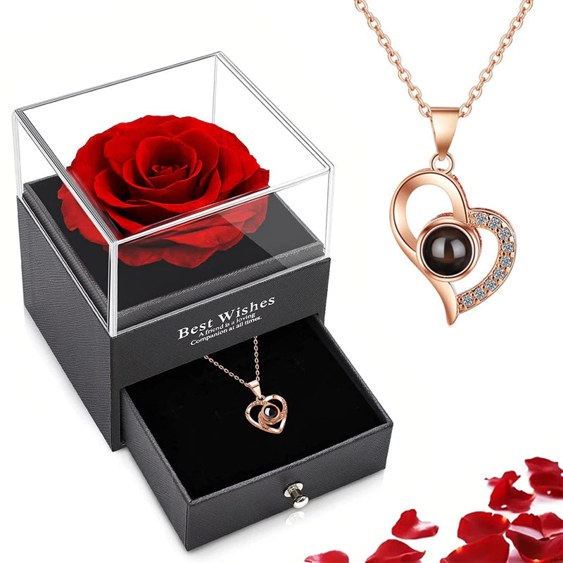 【Preserved Real Rose Gift box】Romantic Projection Necklace - 100 Languages “I Love You” Pendant Necklaces